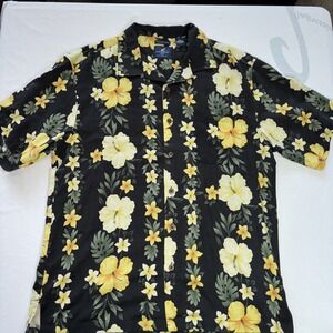 Caribbean Joe Men's Black Floral 100% Silk Hawaiian Aloha Button Shirt XL